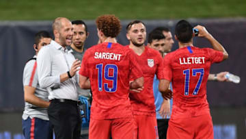United States' head coach Gregg Berhalter (L) gives instructions to United States' foward Josh Sargent during the International Friendly football match between the United States and Uruguay at Busch Stadium, in St. Louis, Missouri on September 10, 2019. (Photo by Tim Vizer / AFP) (Photo credit should read TIM VIZER/AFP/Getty Images)