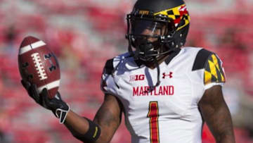 Oct 25, 2014; Madison, WI, USA; Maryland Terrapins wide receiver Stefon Diggs (1) during warmups prior to the game against the Wisconsin Badgers at Camp Randall Stadium. Mandatory Credit: Jeff Hanisch-USA TODAY Sports