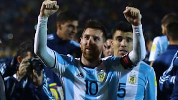 QUITO, ECUADOR - OCTOBER 10: Lionel Messi of Argentina celebrates qualifying to the World Cup after winning a match between Ecuador and Argentina as part of FIFA 2018 World Cup Qualifiers at Olimpico Atahualpa Stadium on October 10, 2017 in Quito, Ecuador. (Photo by Hector Vivas/Getty Images)