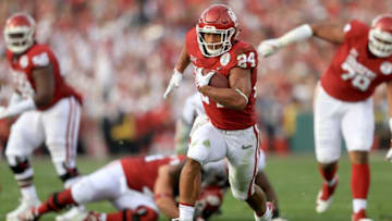 PASADENA, CA - JANUARY 01: Rodney Anderson #24 of the Oklahoma Sooners runs the ball down field for a 41 yard touchdown in the 2018 College Football Playoff Semifinal Game agains the Georgia Bulldogs at the Rose Bowl Game presented by Northwestern Mutual at the Rose Bowl on January 1, 2018 in Pasadena, California. (Photo by Sean M. Haffey/Getty Images)