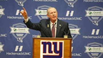 Jan 5, 2016; East Rutherford, NJ, USA; New York Giants former head coach Tom Coughlin addresses the media during a press conference at Quest Diagnostics Training Center. Mandatory Credit: Jim O