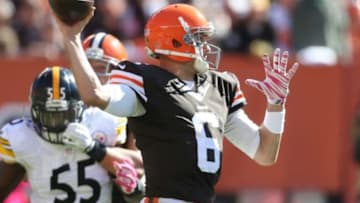 Oct 12, 2014; Cleveland, OH, USA; Cleveland Browns quarterback Brian Hoyer (6) throws the ball against the Pittsburgh Steelers during the second quarter at FirstEnergy Stadium. Mandatory Credit: Ron Schwane-USA TODAY Sports