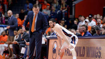 CHAMPAIGN, IL - FEBRUARY 09: Illinois Fighting Illini Head Coach Brad Underwood sends Illinois Fighting Illini forward Giorgi Bezhanishvili (15) into the Big Ten Conference college basketball game between the Rutgers Scarlet Knights and the Illinois Fighting Illini on February 9, 2019, at the State Farm Center in Champaign, Illinois.(Photo by Michael Allio/Icon Sportswire via Getty Images)