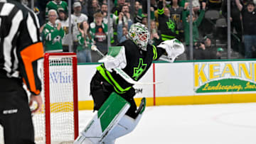Apr 8, 2023; Dallas, Texas, USA; Dallas Stars goaltender Jake Oettinger (29) celebrates after making the final save during the overtime shootout period against the Vegas Golden Knights at the American Airlines Center. Mandatory Credit: Jerome Miron-USA TODAY Sports