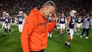 Auburn football head coach Bryan Harsin reacts after the game during the Iron Bowl at Jordan-Hare Stadium in Auburn, Ala., on Saturday, Nov. 27, 2021. Alabama Crimson Tide defeated Auburn Tigers 24-22 in 4OT.