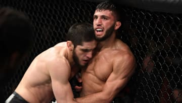 SAINT PETERSBURG, RUSSIA - APRIL 20: (L-R) Islam Makhachev of Russia controls the body of Arman Tsarukyan of Russia in their lightweight bout during the UFC Fight Night event at Yubileyny Sports Palace on April 20, 2019 in Saint Petersburg, Russia. (Photo by Jeff Bottari/Zuffa LLC/Zuffa LLC via Getty Images)