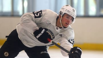 BOSTON - JUNE 26: John Beecher takes a shot during a Boston Bruins development camp at Warrior Ice Arena in the Brighton neighborhood of Boston on June 26, 2019. (Photo by John Tlumacki/The Boston Globe via Getty Images)