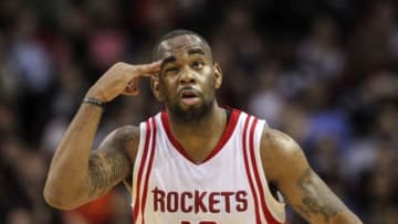 Feb 2, 2016; Houston, TX, USA; Houston Rockets forward Marcus Thornton (10) reacts after making a basket during the fourth quarter against the Miami Heat at Toyota Center. The Rockets won 115-102. Mandatory Credit: Troy Taormina-USA TODAY Sports