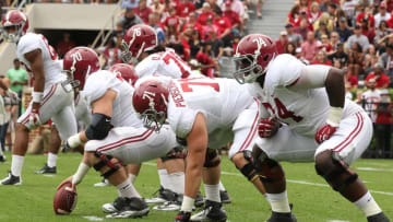 Apr 18, 2015; Tuscaloosa, AL, USA; Alabama Crimson Tide offensive line during the A-day game at Bryant Denny Stadium. Mandatory Credit: Marvin Gentry-USA TODAY Sports