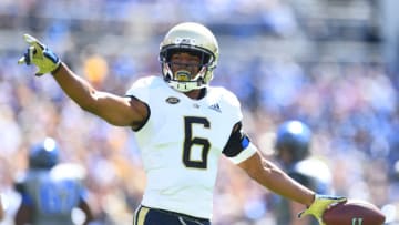 ATLANTA, GA - OCTOBER 13: Lamont Simmons #6 of the Georgia Tech Yellow Jackets celebrates after an interception against the Duke Blue Devils on October 13, 2018 in Atlanta, Georgia. (Photo by Scott Cunningham/Getty Images)