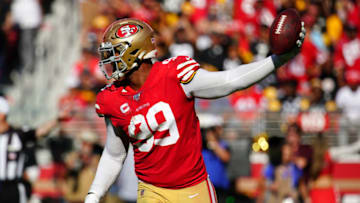 SANTA CLARA, CALIFORNIA - SEPTEMBER 22: DeForest Buckner #99 of the San Francisco 49ers reacts to recovering a fumble during the second half against the Pittsburgh Steelers at Levi's Stadium on September 22, 2019 in Santa Clara, California. (Photo by Daniel Shirey/Getty Images)