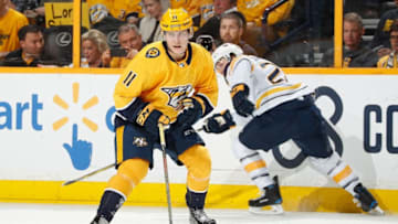 NASHVILLE, TN - MARCH 31: Eeli Tolvanen #11 of the Nashville Predators skates against the Buffalo Sabres during an NHL game at Bridgestone Arena on March 31, 2018 in Nashville, Tennessee. (Photo by John Russell/NHLI via Getty Images) *** Local Caption *** Eeli Tolvanen