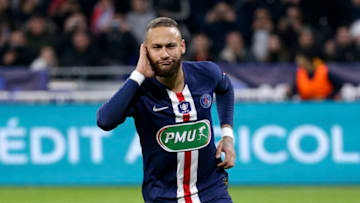 LYON, FRANCE - MARCH 4: Neymar Jr of PSG celebrates his goal on a penalty kick during the French Cup Semi Final match between Olympique Lyonnais (OL) and Paris Saint-Germain (PSG) at Groupama Stadium on March 4, 2020 in Decines near Lyon, France. (Photo by Jean Catuffe/Getty Images)