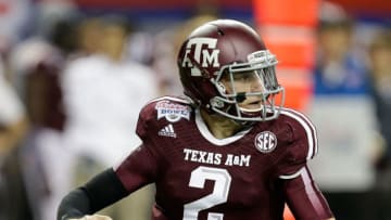 ATLANTA, GA - DECEMBER 31: Quarterback Johnny Manziel #2 of the Texas A&M Aggies rolls out and looks downfield to pass during the the Chick-fil-A Bowl game against the Duke Blue Devils at the Georgia Dome on December 31, 2013 in Atlanta, Georgia. (Photo by Mike Zarrilli/Getty Images)