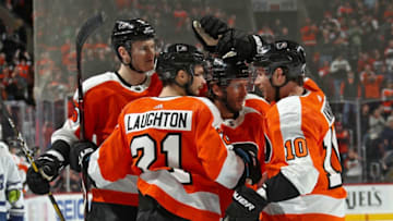 PHILADELPHIA, PA - MARCH 27: Ryan Hartman #38 of the Philadelphia Flyers celebrates his third period goal against the Toronto Maple Leafs with Samuel Morin #5, Scott Laughton #21, and Corban Knight #10 on March 27, 2019 at the Wells Fargo Center in Philadelphia, Pennsylvania. (Photo by Len Redkoles/NHLI via Getty Images)