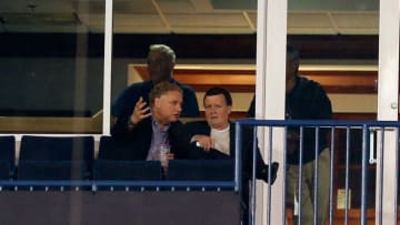 TAMPA, FL - MARCH 05: General Partner Hank Steinbrenner (right) of the New York Yankees talks with team president Randy Levine during a Grapefruit League Spring Training Game against the Atlanta Braves at George M. Steinbrenner Field on March 5, 2013 in Tampa, Florida. (Photo by J. Meric/Getty Images)