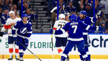 TAMPA, FLORIDA - OCTOBER 03: Nikita Kucherov #86 of the Tampa Bay Lightning celebrates a goal during the home opener against the Florida Panthers at Amalie Arena on October 03, 2019 in Tampa, Florida. (Photo by Mike Ehrmann/Getty Images)