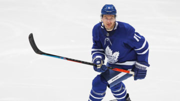 Zach Hyman #11 of the Toronto Maple Leafs skates against the Montreal Canadiens during an NHL game at Scotiabank Arena on April 7, 2021 in Toronto, Ontario, Canada. The Maple Leafs defeated the Canadiens 3-2. (Photo by Claus Andersen/Getty Images)