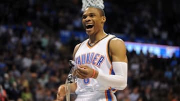 Mar 24, 2015; Oklahoma City, OK, USA; Oklahoma City Thunder guard Russell Westbrook (0) takes the floor prior to action against the Los Angeles Lakers at Chesapeake Energy Arena. Mandatory Credit: Mark D. Smith-USA TODAY Sports