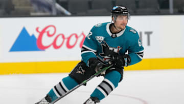 May 7, 2021; San Jose, California, USA; San Jose Sharks right wing Kevin Labanc (62) during the first period against the Arizona Coyotes at SAP Center at San Jose. Mandatory Credit: Stan Szeto-USA TODAY Sports