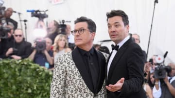 NEW YORK, NY - MAY 07: Comedians Stephen Colbert and Jimmy Fallon attend the Heavenly Bodies: Fashion & The Catholic Imagination Costume Institute Gala at The Metropolitan Museum of Art on May 7, 2018 in New York City. (Photo by Noam Galai/Getty Images for New York Magazine)