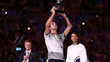 MELBOURNE, AUSTRALIA - JANUARY 29: Roger Federer of Switzerland poses with the Norman Brookes Challenge Cup after winning the Men's Final match against Rafael Nadal of Spain on day 14 of the 2017 Australian Open at Melbourne Park on January 29, 2017 in Melbourne, Australia. (Photo by Scott Barbour/Getty Images)