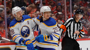 Nov 8, 2021; Washington, District of Columbia, USA; Buffalo Sabres center Cody Eakin (20) celebrates with Sabres center Zemgus Girgensons (28) after scoring a goal against the Washington Capitals during the second period at Capital One Arena. Mandatory Credit: Geoff Burke-USA TODAY Sports