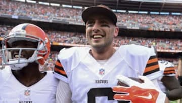 Sep 14, 2014; Cleveland, OH, USA; Cleveland Browns quarterback Brian Hoyer (6) celebrates after defeating the New Orleans Saints 26-24 at FirstEnergy Stadium. Mandatory Credit: Andrew Weber-USA TODAY Sports