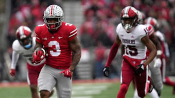 Nov 12, 2022; Columbus, Ohio, USA; Ohio State Buckeyes running back Miyan Williams (3) runs in a touchdown in the first quarter of their NCAA Division I football game between the Ohio State Buckeyes and the Indiana Hoosiers at Ohio Stadium. Mandatory Credit: Brooke LaValley-The Columbus DispatchNcaa Football Indiana Hoosiers At Ohio State Buckeyes