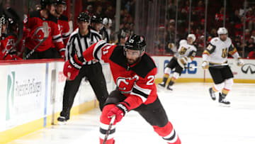 NEWARK, NEW JERSEY - DECEMBER 14: Kyle Palmieri #21 of the New Jersey Devils in action against the Vegas Golden Knights during their game at the Prudential Center on December 14, 2018 in Newark, New Jersey. (Photo by Al Bello/Getty Images)