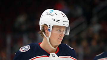 Nov 18, 2021; Glendale, Arizona, USA; Columbus Blue Jackets defenseman Adam Boqvist (27) against the Arizona Coyotes at Gila River Arena. Mandatory Credit: Mark J. Rebilas-USA TODAY Sports