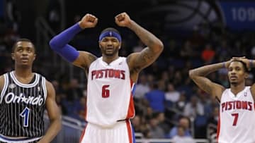 Feb 5, 2014; Orlando, FL, USA; Detroit Pistons small forward Josh Smith (6) and point guard Brandon Jennings (7) react and put their hands on there head against the Orlando Magic during the second half at Amway Center. Orlando Magic defeated the Detroit Pistons 112-98. Mandatory Credit: Kim Klement-USA TODAY Sports