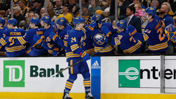 BOSTON, MA - DECEMBER 31: Dylan Cozens #24 of the Buffalo Sabres celebrates his goal late in the third period against the Boston Bruins at the TD Garden on December 31, 2022 in Boston, Massachusetts. The Sabres won 4-3 in overtime. (Photo by Rich Gagnon/Getty Images)