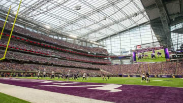 Aug 28, 2016; Minneapolis, MN, USA; A general view of U.S. Bank Stadium during the first quarter in a preseason game between the Minnesota Vikings and the San Diego Chargers at U.S. Bank Stadium. The Vikings won 23-10. Mandatory Credit: Brace Hemmelgarn-USA TODAY Sports
