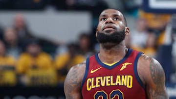 INDIANAPOLIS, IN - APRIL 20: LeBron James INDIANAPOLIS, IN - APRIL 20: LeBron James #23 of the Cleveland Cavaliers reacts in the second half of game three of the NBA Playoffs against the Indiana Pacers at Bankers Life Fieldhouse on April 20, 2018 in Indianapolis, Indiana. The Pacers won 92-90. NOTE TO USER: User expressly acknowledges and agrees that, by downloading and or using the photograph, User is consenting to the terms and conditions of the Getty Images License Agreement. (Photo by Joe Robbins/Getty Images)
