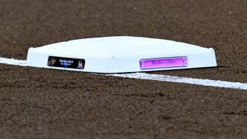 MIAMI, FL - MAY 14: A detailed view of the third base bag before the start of the game between the Atlanta Braves and the Miami Marlins at Marlins Park on May 14, 2017 in Miami, Florida. Players are wearing pink to celebrate Mother's Day weekend and support breast cancer awareness. (Photo by Eric Espada/Getty Images)