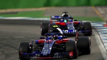 HOCKENHEIM, GERMANY - JULY 22: Pierre Gasly of France and Scuderia Toro Rosso driving the (10) Scuderia Toro Rosso STR13 Honda leads Brendon Hartley of New Zealand driving the (28) Scuderia Toro Rosso STR13 Honda (Photo by Dan Istitene/Getty Images)