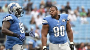 Sep 14, 2014; Charlotte, NC, USA; Detroit Lions defensive tackle Nick Fairley (98) and defensive tackle Ndamukong Suh (90) before the game at Bank of America Stadium. Mandatory Credit: Bob Donnan-USA TODAY Sports