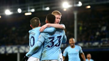 LIVERPOOL, ENGLAND - FEBRUARY 06: Gabriel Jesus of Manchester City celebrates with Kevin De Bruyne of Manchester City after he scores his sides second goal during the Premier League match between Everton FC and Manchester City at Goodison Park on February 06, 2019 in Liverpool, United Kingdom. (Photo by Alex Livesey/Getty Images)