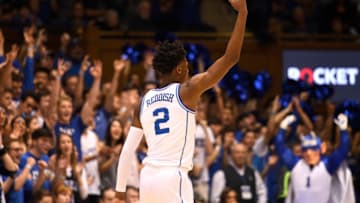 DURHAM, NORTH CAROLINA - FEBRUARY 05: Cam Reddish #2 of the Duke Blue Devils reacts after a three-point basket against the Boston College Eagles during the first half of their game at Cameron Indoor Stadium on February 05, 2019 in Durham, North Carolina. (Photo by Grant Halverson/Getty Images)