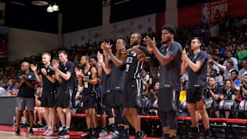 LAS VEGAS, NV - JULY 6: The Brooklyn Nets bench reacts to a play during the game against the Orlando Magic during the 2018 Las Vegas Summer League on July 6, 2018 at the Cox Pavilion in Las Vegas, Nevada. NOTE TO USER: User expressly acknowledges and agrees that, by downloading and/or using this photograph, user is consenting to the terms and conditions of the Getty Images License Agreement. Mandatory Copyright Notice: Copyright 2018 NBAE (Photo by David Dow/NBAE via Getty Images)