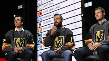 LAS VEGAS, NV - JUNE 21: (L-R) Marc-Andre Fleury, Deryk Engelland and Brayden McNabb address the crowd during the 2017 NHL Expansion Draft Roundtable at T-Mobile Arena on June 21, 2017 in Las Vegas, Nevada. (Photo by Ethan Miller/Getty Images)