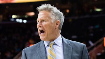 CLEVELAND, OH - MARCH 31: Head coach of Brett Brown of the Philadelphia 76ers yells at his players during the second half against the Cleveland Cavaliers at Quicken Loans Arena on March 31, 2017 in Cleveland, Ohio. The Cavaliers defeated the 76ers 122-105. NOTE TO USER: User expressly acknowledges and agrees that, by downloading and/or using this photograph, user is consenting to the terms and conditions of the Getty Images License Agreement. (Photo by Jason Miller/Getty Images)