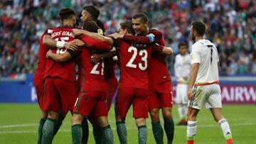 KAZAN, RUSSIA - JUNE 18: Cedric of Portugal celebrates scoring his sides second goal with his Portugal team mates during the FIFA Confederations Cup Russia 2017 Group A match between Portugal and Mexico at Kazan Arena on June 18, 2017 in Kazan, Russia. (Photo by Francois Nel/Getty Images)
