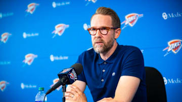 OKC Thunder General Manager Sam Presti speaks to media at preseason media (Photo by Zach Beeker/NBAE via Getty Images)