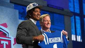 Apr 27, 2023; Kansas City, MO, USA; Florida quarterback Anthony Richardson with NFL commissioner Roger Goodell after being selected by the Indianapolis Colts fourth overall in the first round of the 2023 NFL Draft at Union Station. Mandatory Credit: Kirby Lee-USA TODAY Sports
