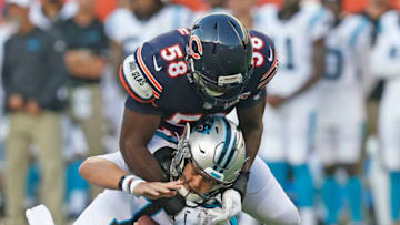 CHICAGO, ILLINOIS - AUGUST 08: Roquan Smith #58 of the Chicago Bears sacks Kyle Allen #7 of the Carolina Panthers during the first quarter of a preseason game at Soldier Field on August 08, 2019 in Chicago, Illinois. (Photo by Nuccio DiNuzzo/Getty Images)