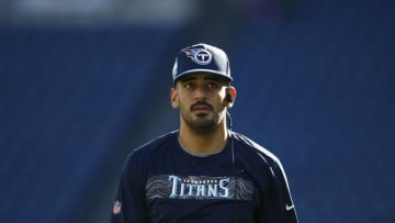 NASHVILLE, TN - DECEMBER 2: Marcus Mariota #8 of the Tennessee Titans warms up before playing the New York Jets at Nissan Stadium on December 2, 2018 in Nashville, Tennessee. (Photo by Wesley Hitt/Getty Images)