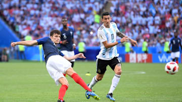 KAZAN, RUSSIA - JUNE 30: Benjamin Pavard of France shoots and scores his side's second goal during the 2018 FIFA World Cup Russia Round of 16 match between France and Argentina at Kazan Arena on June 30, 2018 in Kazan, Russia. (Photo by Laurence Griffiths/Getty Images)