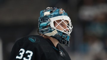 SAN JOSE, CALIFORNIA - NOVEMBER 04: Adin Hill #33 of the San Jose Sharks in action against the St. Louis Blues at SAP Center on November 04, 2021 in San Jose, California. (Photo by Ezra Shaw/Getty Images)